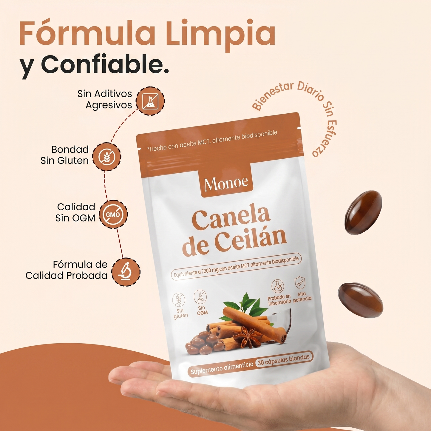 Canela de Ceilán 7200mg equivalente con aceite MCT