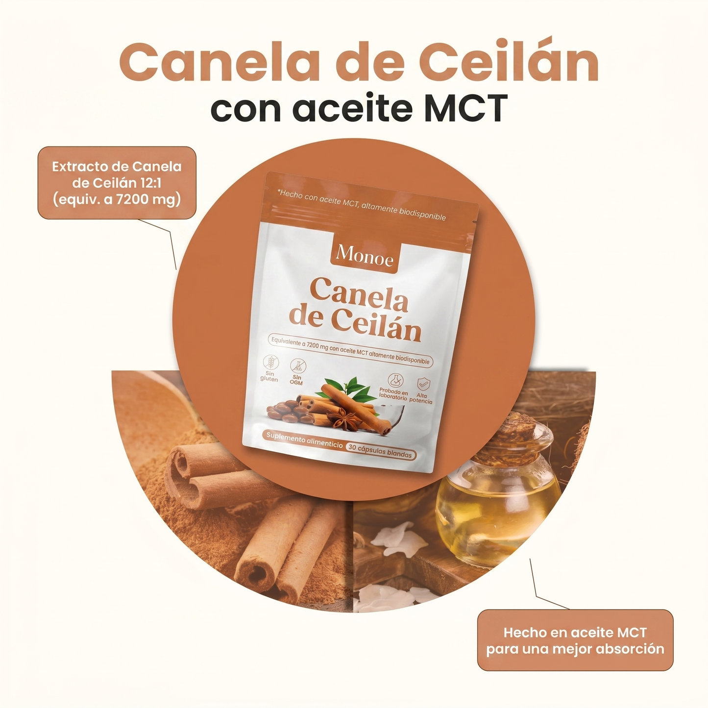 Canela de Ceilán 7200mg equivalente con aceite MCT