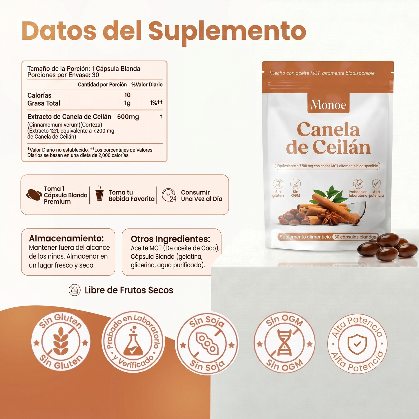 Canela de Ceilán 7200mg equivalente con aceite MCT