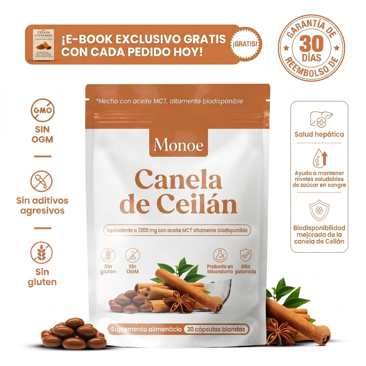 Canela de Ceilán 7200mg equivalente con aceite MCT